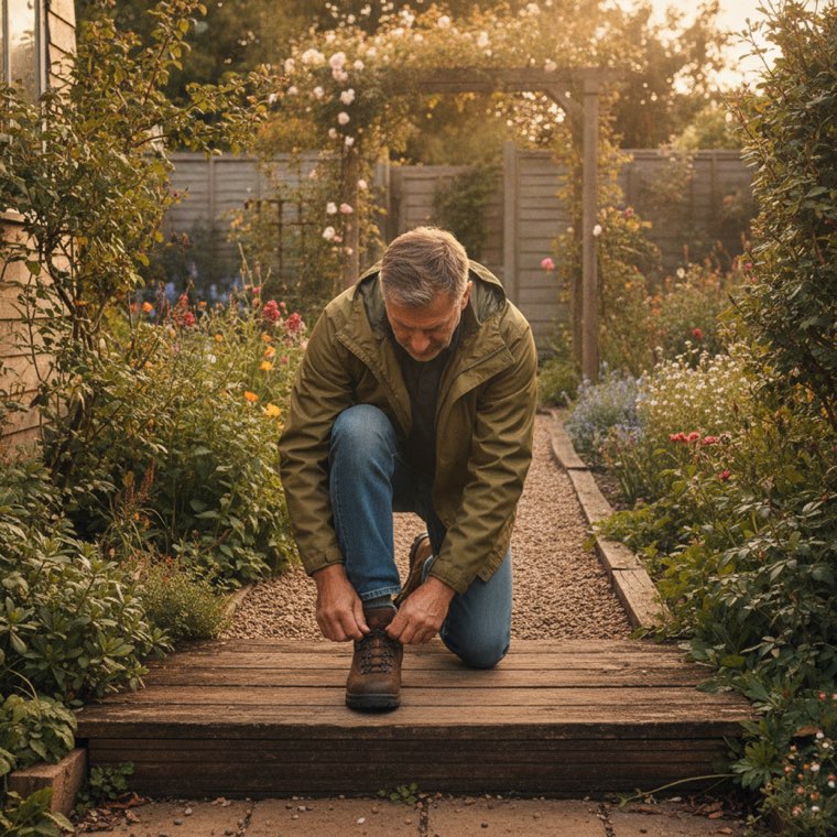 A man tying his boots on a garden path in the evening