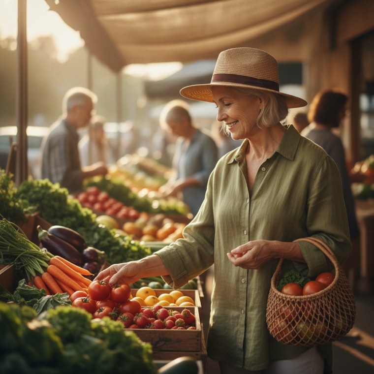 A woman choosing vegetables at a morning market